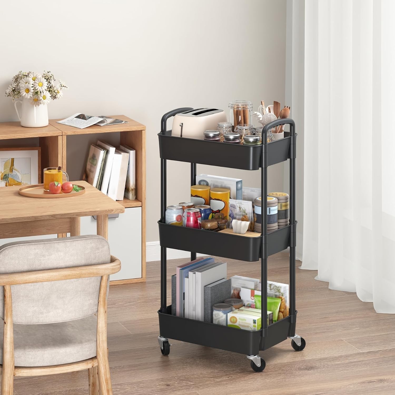 Sleek Mobile Organizer: 3-Tier Utility Cart with Easy Assembly & Locking Wheels