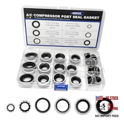 85PCS AC Gasket Seal Kit, 6 Sizes A/C Compressor Port Sealing 85PCS, Black