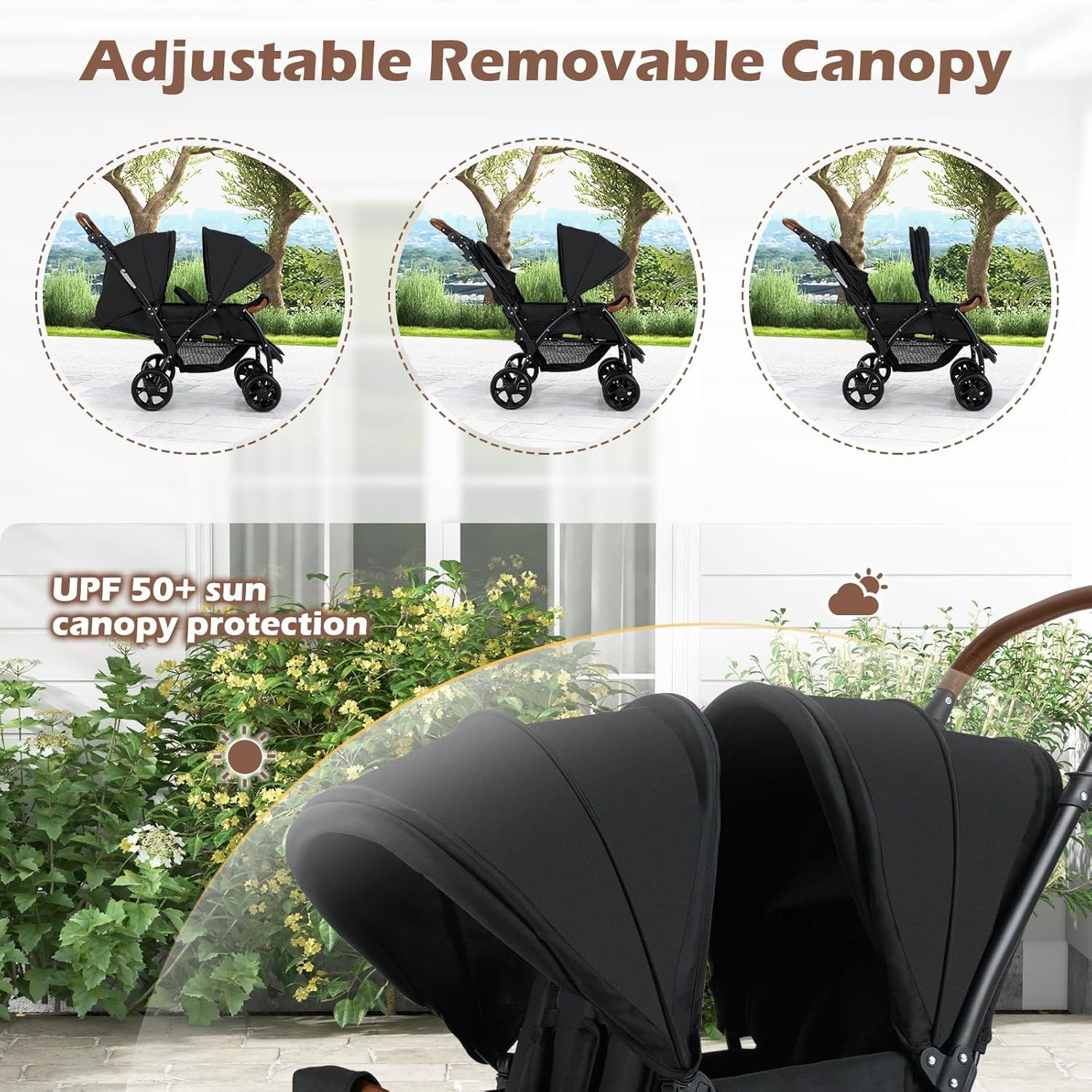 Double Stroller, Foldable Baby Tandem Stroller with Djustable Backrest Canopy Fo
