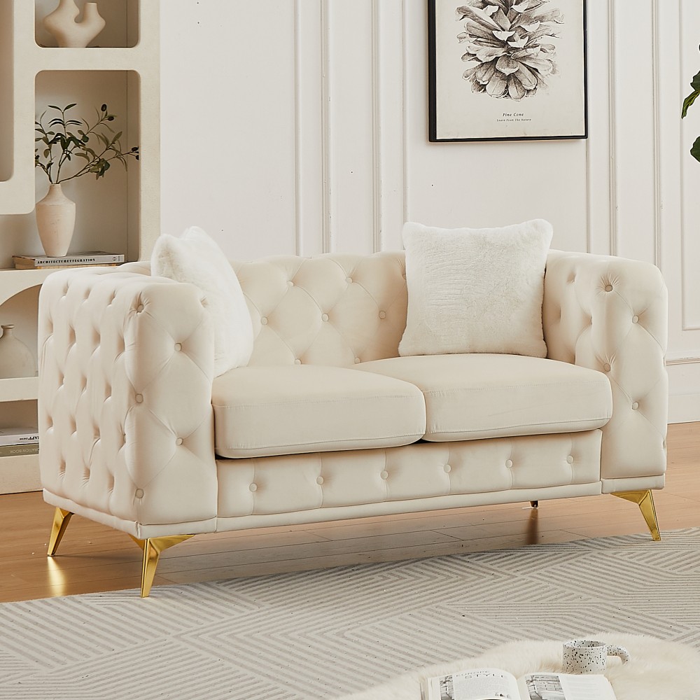Modern Velvet Chesterfield Sofa w/ Quilted Button Accents & 2 Pillows