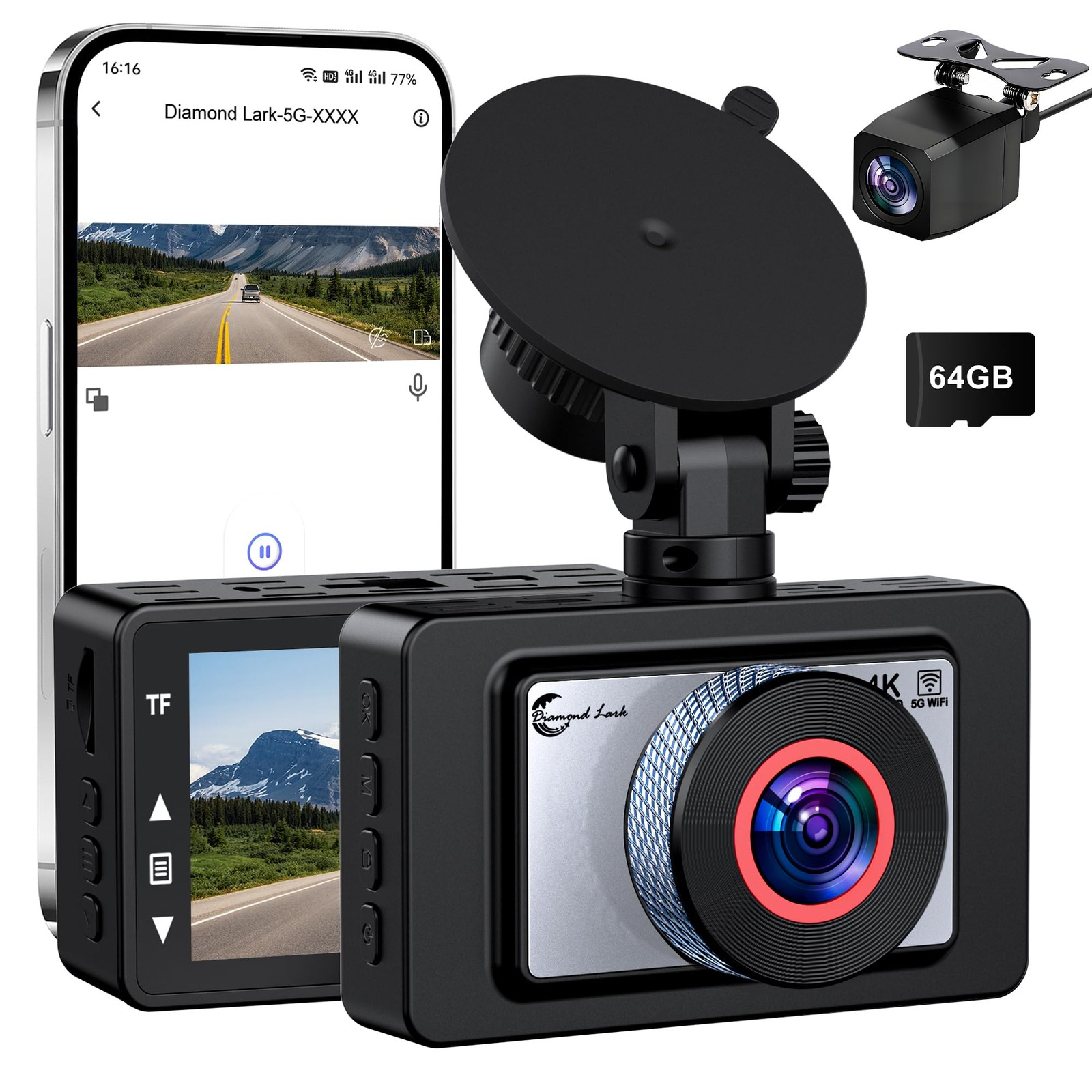 Dash Cam Front and Rear, 4K Ultra HD Dash Camera for Cars, 64GB Card Included...