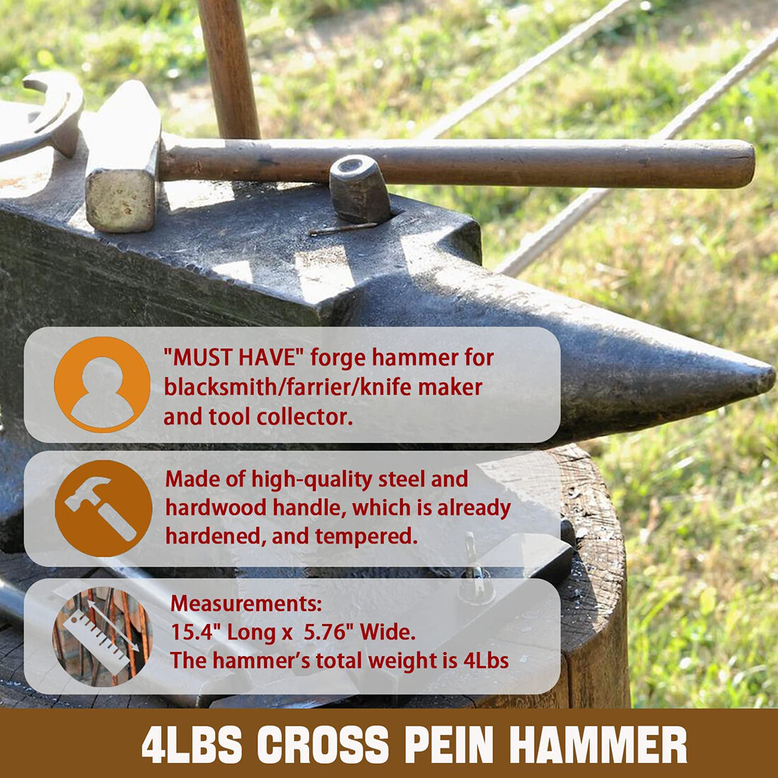 4LB Blacksmith Hammer Cross Peen for Farrier Knife Maker Bladesmith Forging Tool