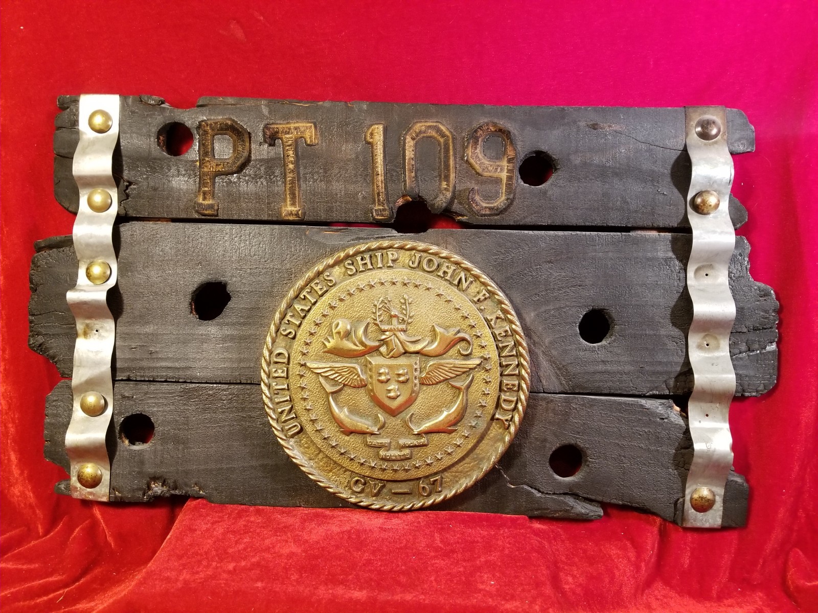 1970s US Navy USS John F Kennedy CV-67 Aircraft Carrier Plaque Brass Seal PT109