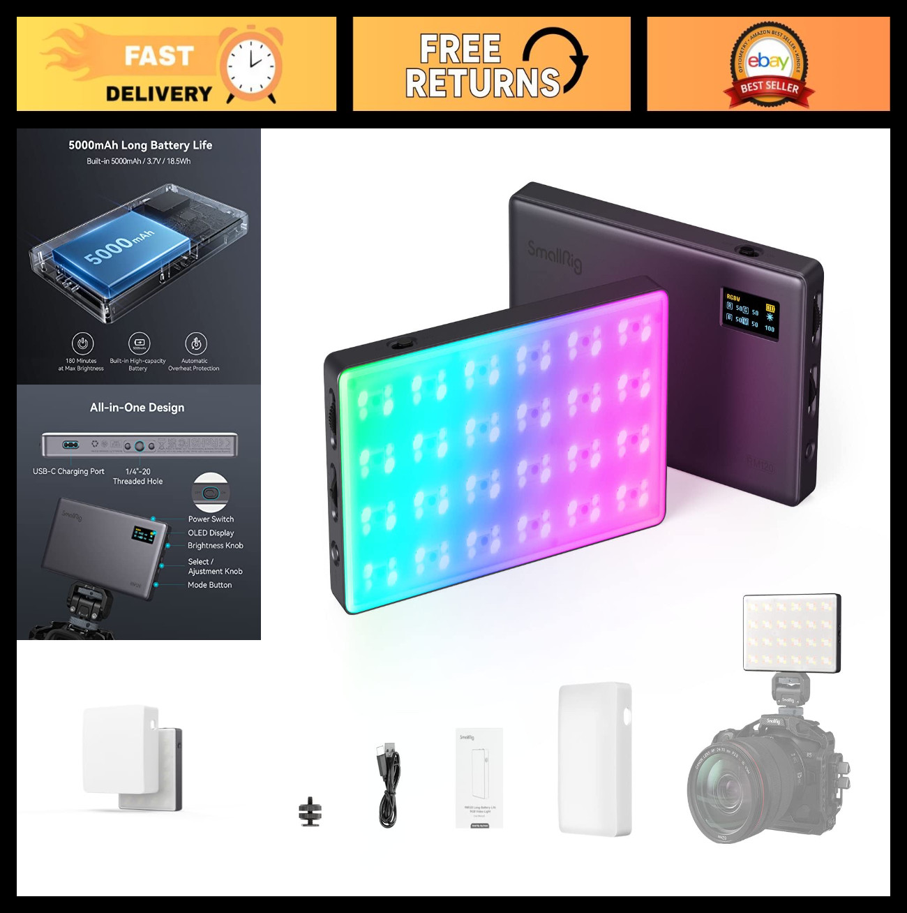 Portable RGB Video Light Panel, 5000mAh, 180 Min Runtime, 2500-8500K, CRI 98+, L