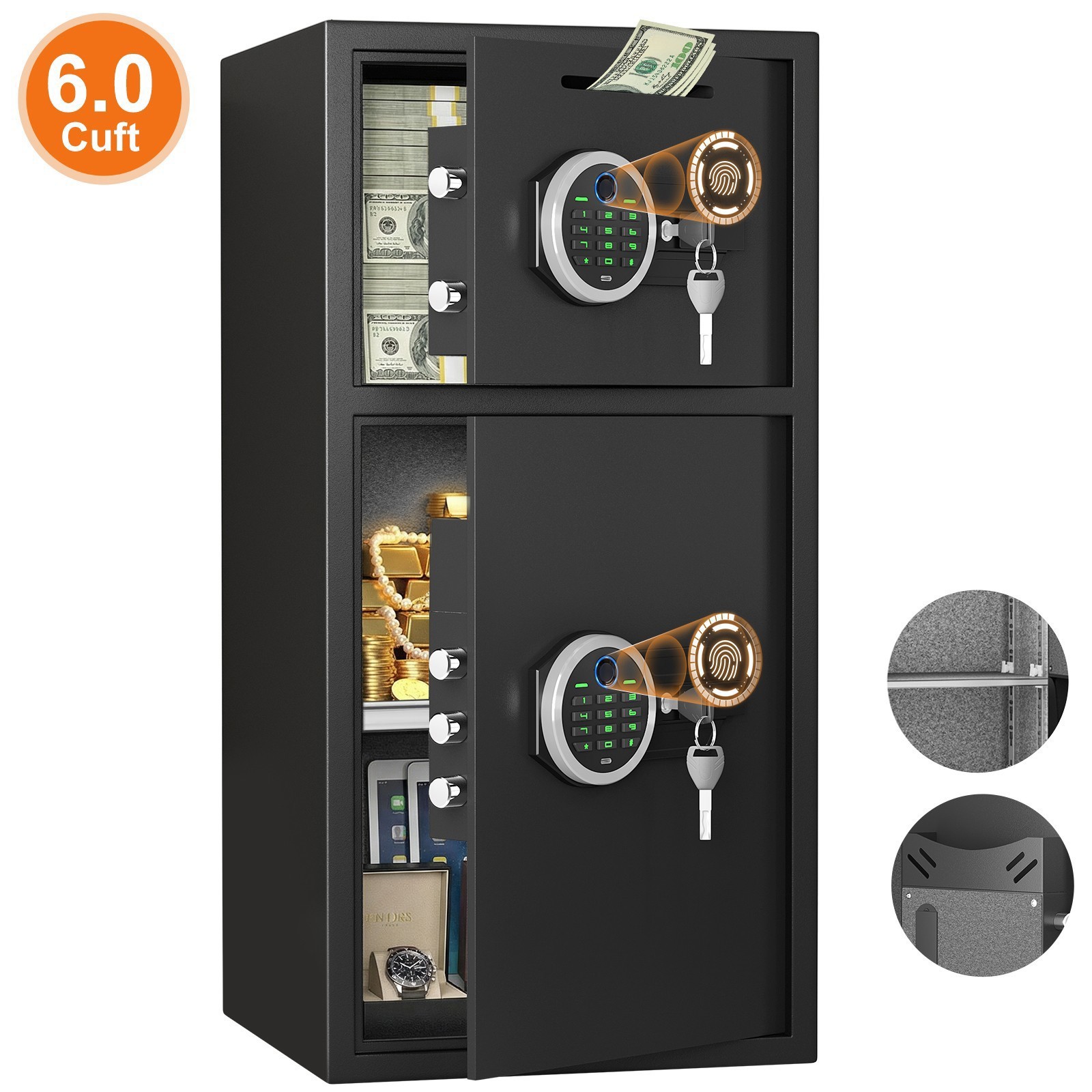 6.0 cub Fingerprint Home safe with Alarm,Security Safe with Deposit Slot & Shelf
