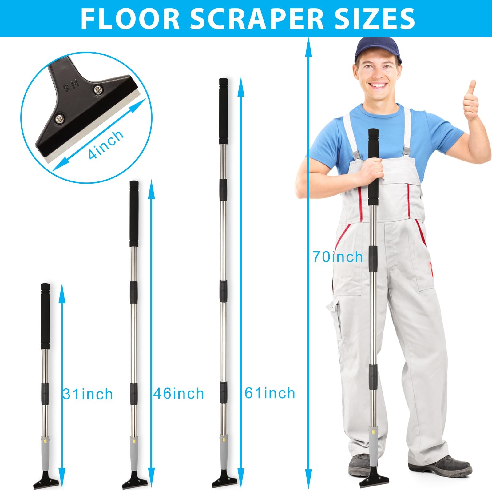 Greeily Floor Scraper, 31" to 61" Scraper Tool Long Handle with 4-inch Razor...