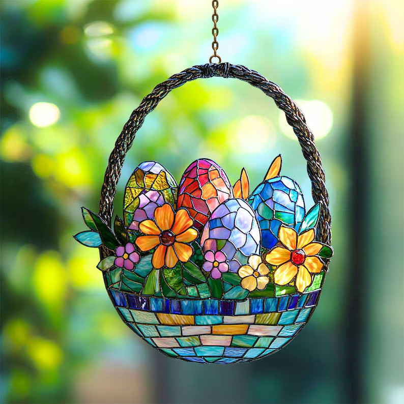 Easter Flowers Egg Basket Suncatcher Acrylic Window Decor Spring Gift