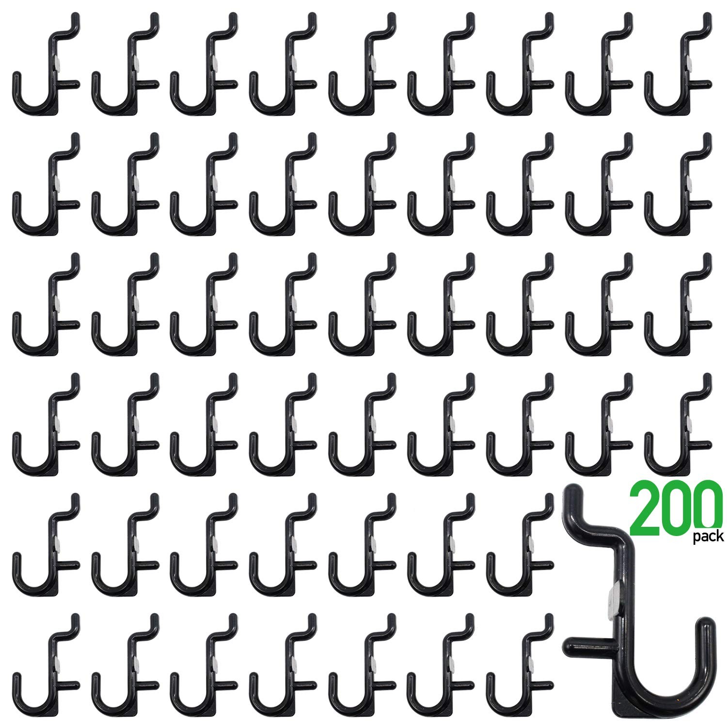 200 PK Pegboard J-Hook Assortment Black Peg Hooks for Tool Organization
