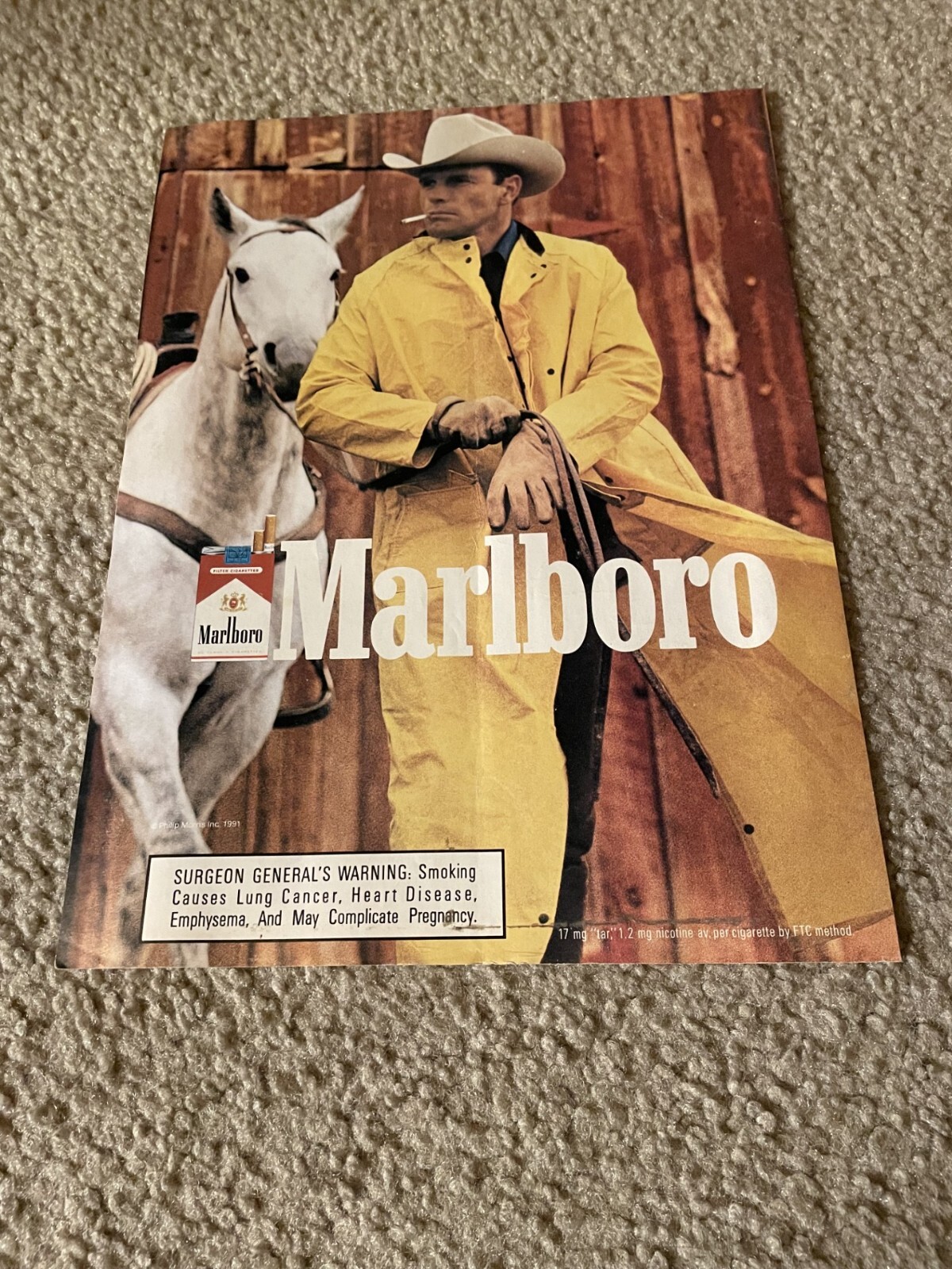 Vintage 1991 MARLBORO CIGARETTES Print Ad 1990s COWBOY HORSE MAN SMOKING