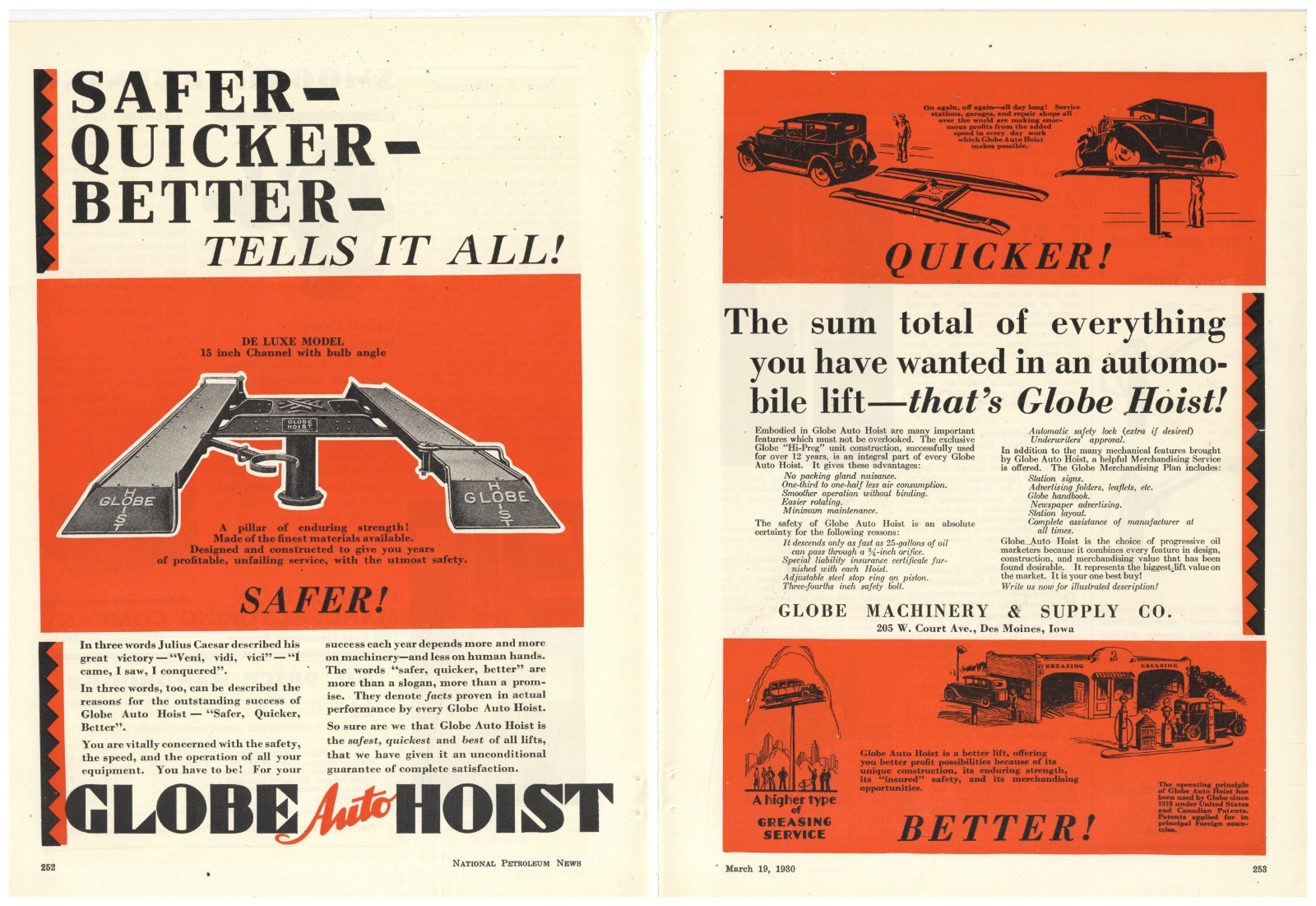 1930 Globe Machinery & Supply Co. of Des Moines, Iowa 2 Sep. Pg Ad: Auto Hoist