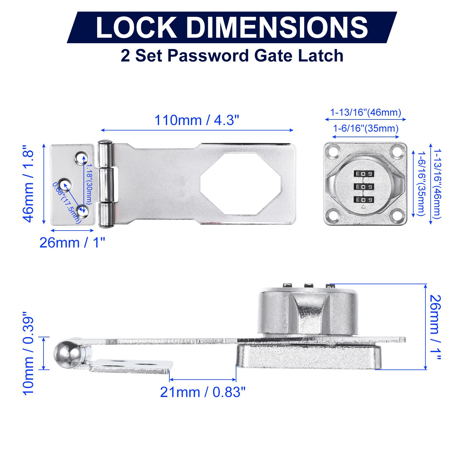 2Pcs Household Cabinet Password Lock Hasp Latch with 3-Digit Password Silver
