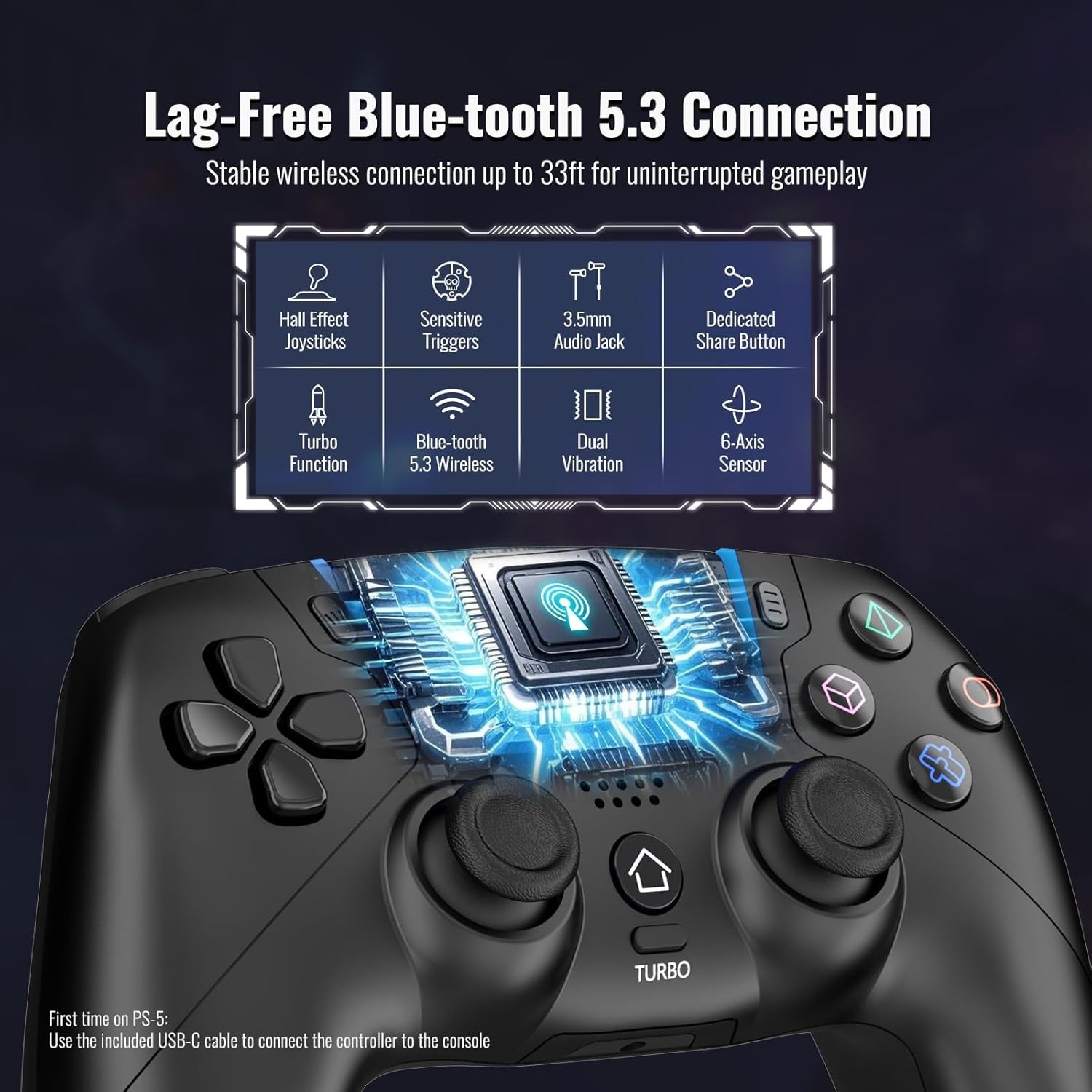 Ergonomic PS5/PC Gaming Controller with Hall Effect Joysticks & Touchpad - Black