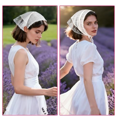 LLMSIX White Lace Head Scarf for Women, Boho Vintage Triangle Hair Bandana,