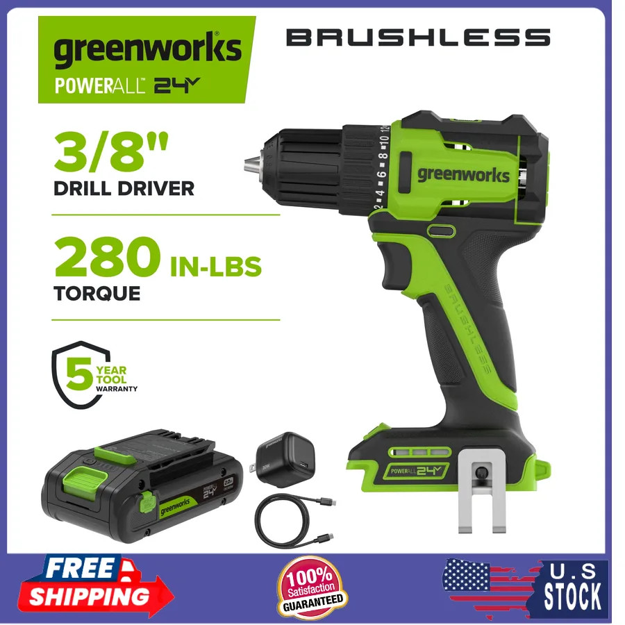 Greenworks 24V Brushless 3/8 Inch Drill Driver with USB-C Battery PowerAll