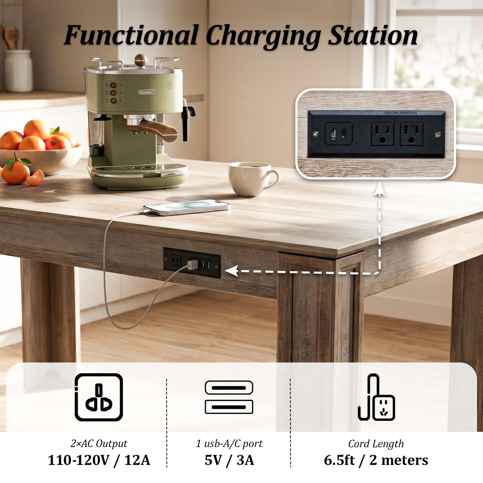 70" Rectangular Dining Table 6.5 ft w/ Charging Station & Drawer for 6-8 People