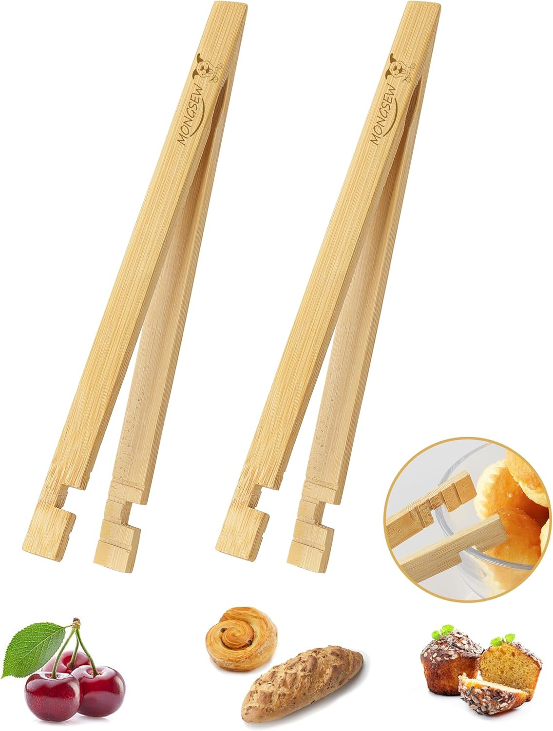 2PCS Wooden Bamboo Toaster Tongs,  8 Inch Multipurpose Wood Tongs for Toaster, F