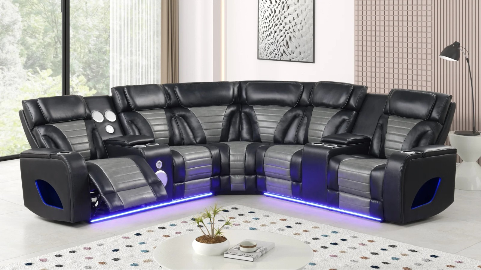 NEW 101" Wide LED Power Recliner Modern Sectional Black Gray Bluetooth Speaker