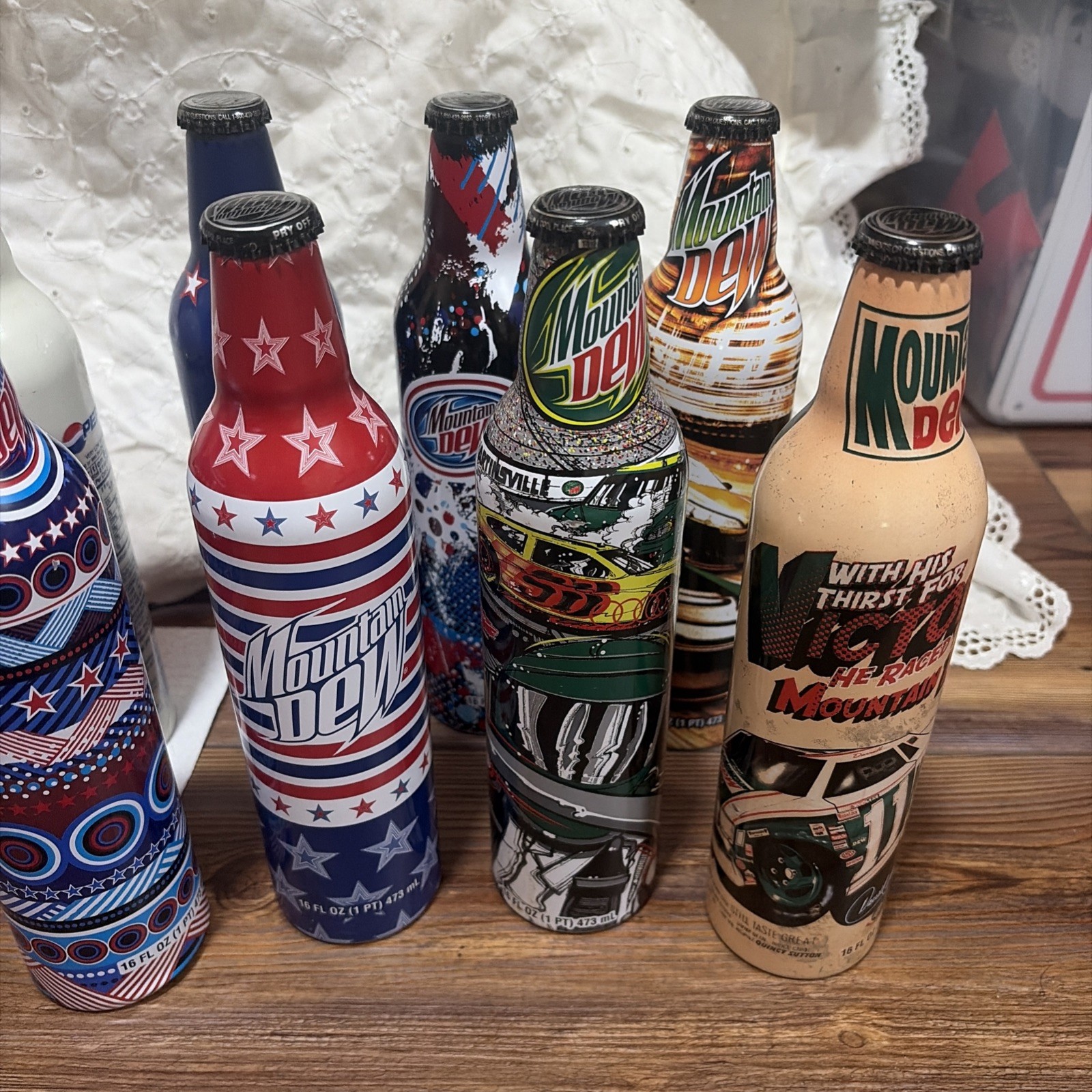Set Of 7America Art Aluminum Mountain Dew Bottles 2008-FULL & 6 Pepsi Bottle
