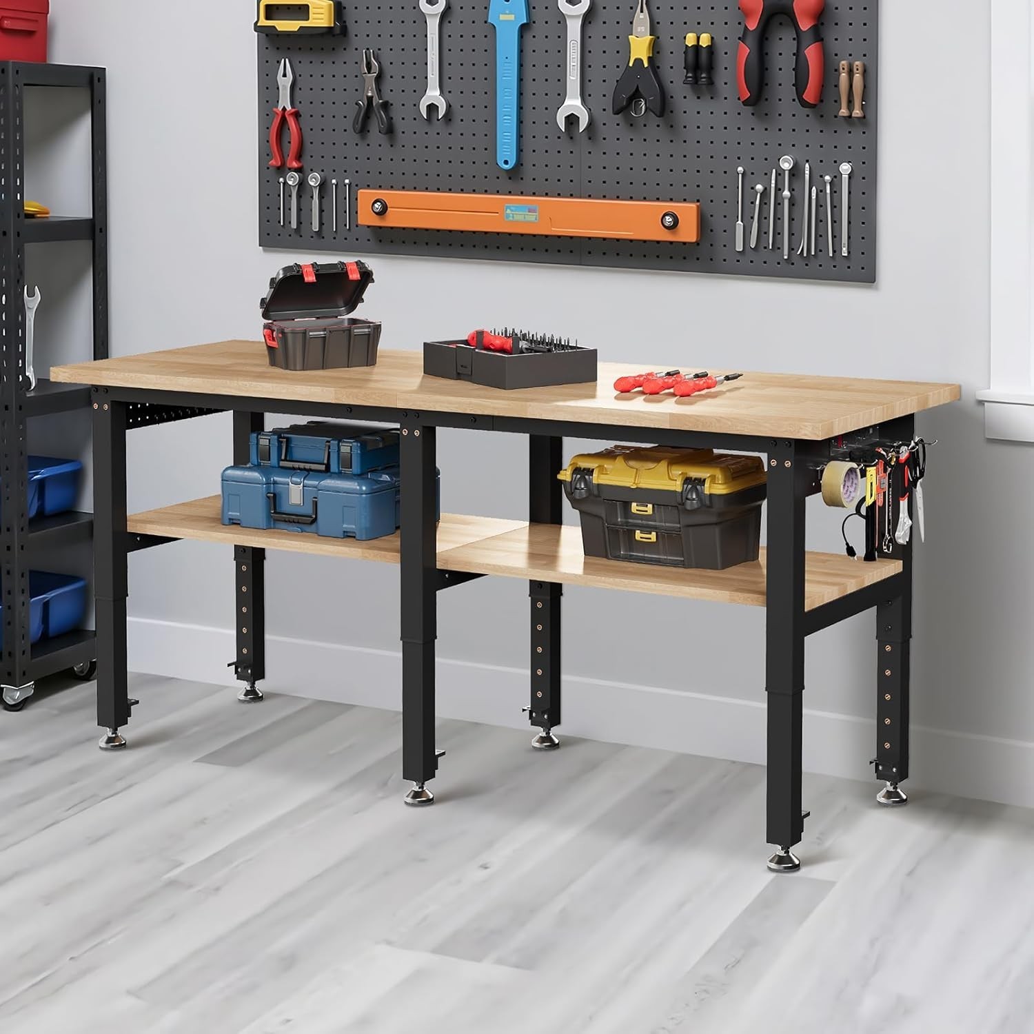 72" Adjustable 2-Tier Workbench with Solid Wood Top Max 6000lbs Capacity