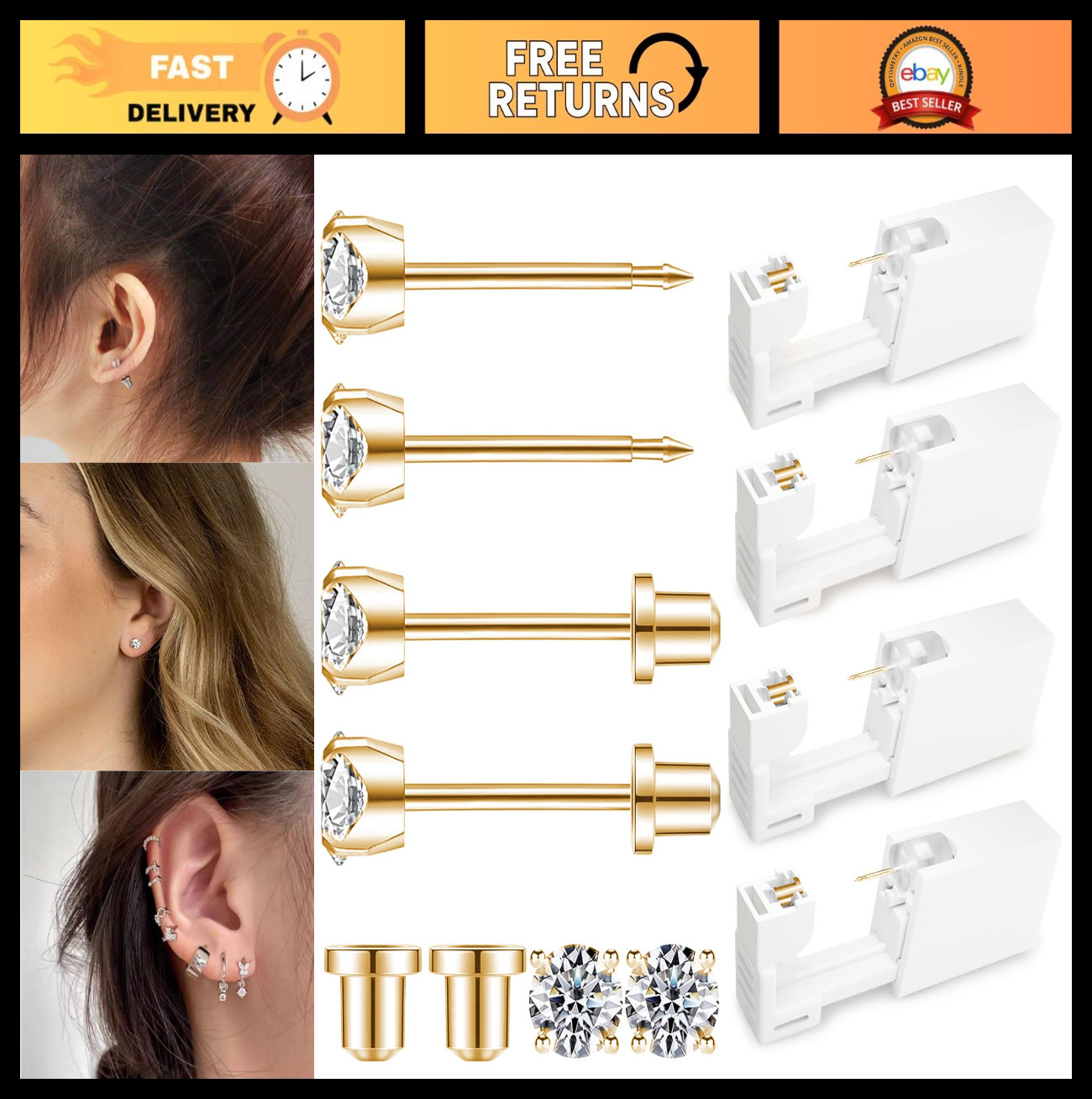 Disposable Ear Piercing Kit | 316L Surgical Steel Gun with 4mm CZ Earrings | At-