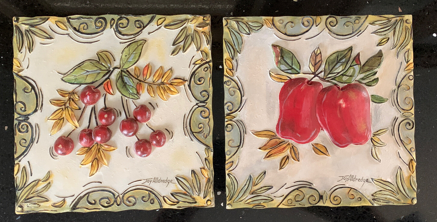 2 Vtg Apples Cherries Tile Raised Ceramic Hanging Joy Alldredge Country Decor