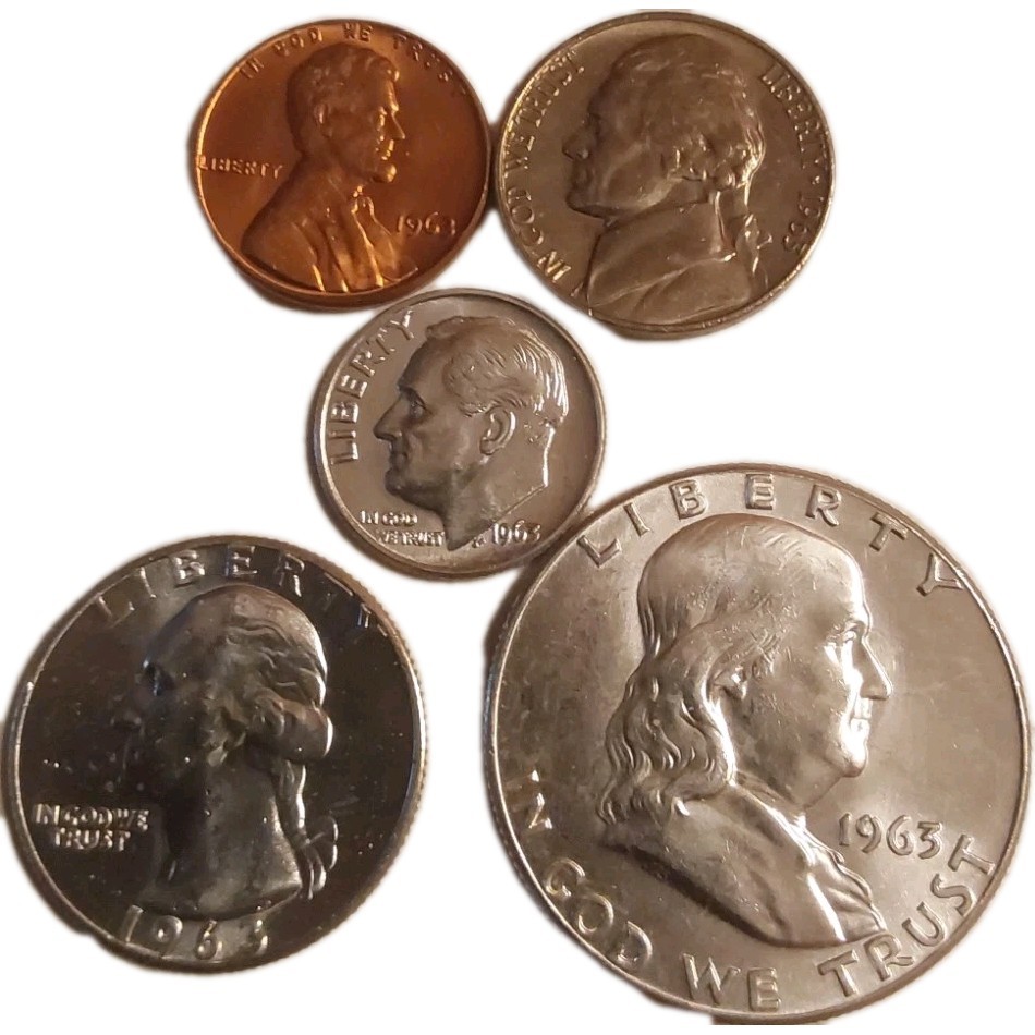 1963 P Silver 5 Piece Uncirculated BU Year Set 1C 5C 10C 25C 50C Free Post