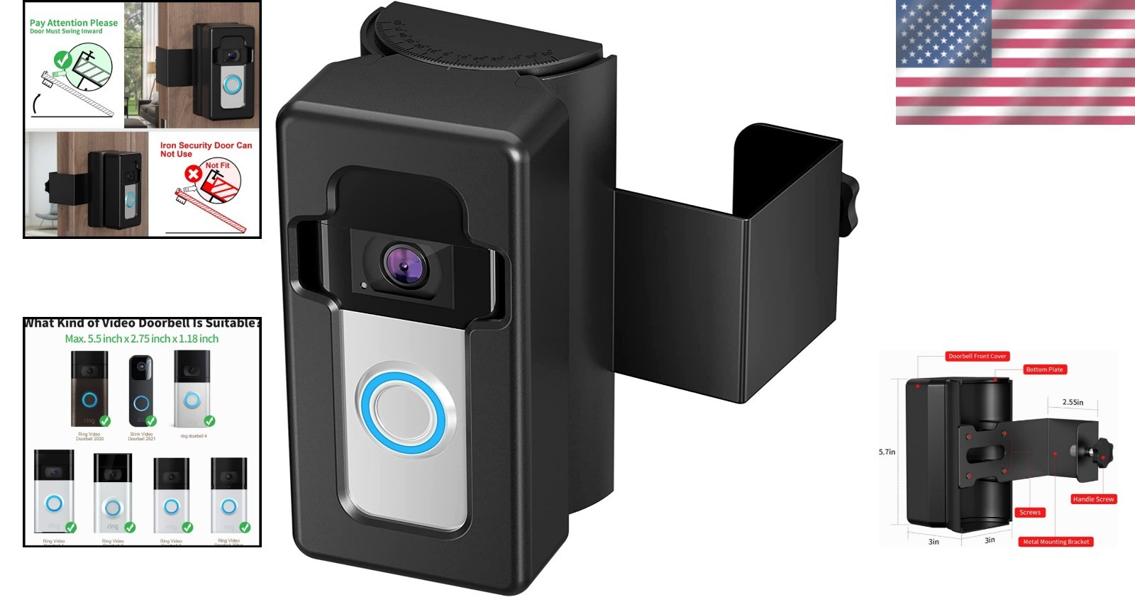 Elegant No-Drill Doorbell Mount: Adjustable 35-45° for Secure Video Coverage