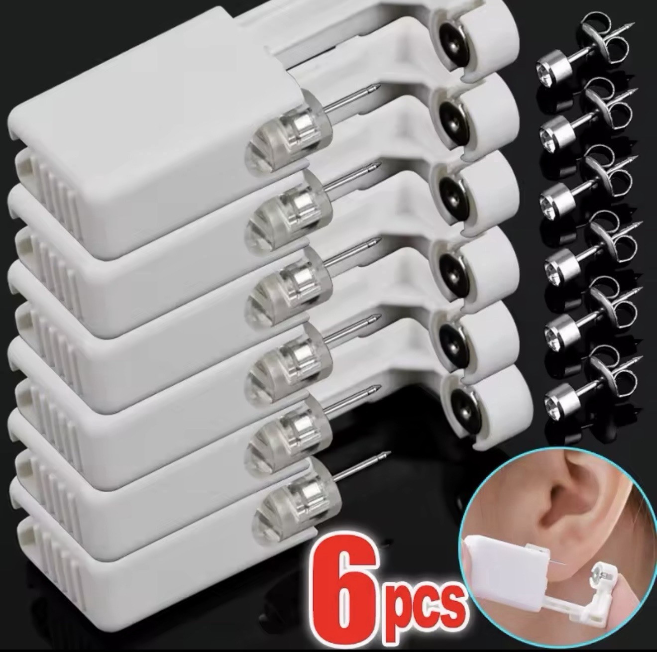 6pcs Disposable Ear Piercing Gun Tool Kit, White Plastic & Metal Piercer