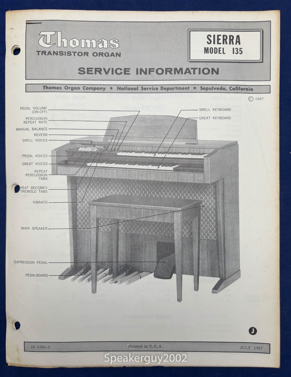 Original Thomas Organ Service Manual / Sierra 135 -- #4