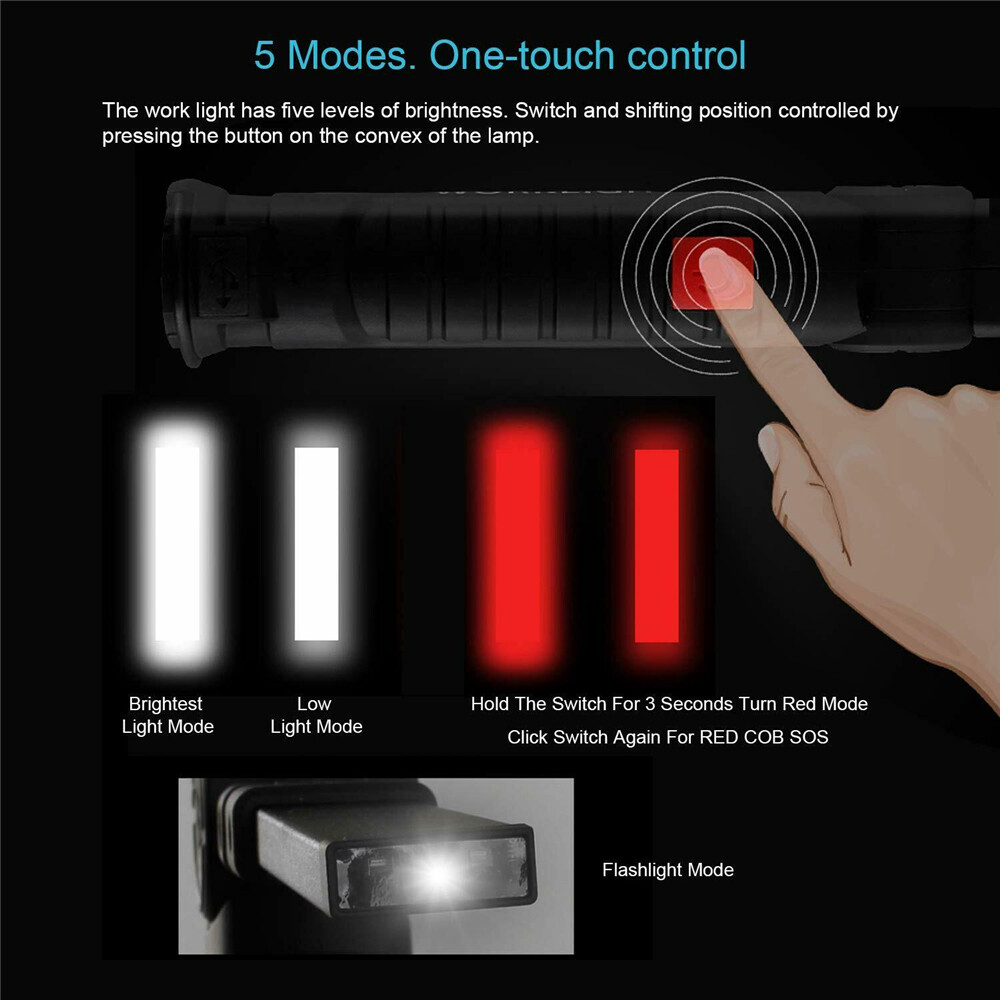 2Pcs Magnetic COB LED Work Lights 5 Modes Flashlight Inspection Rechargeable