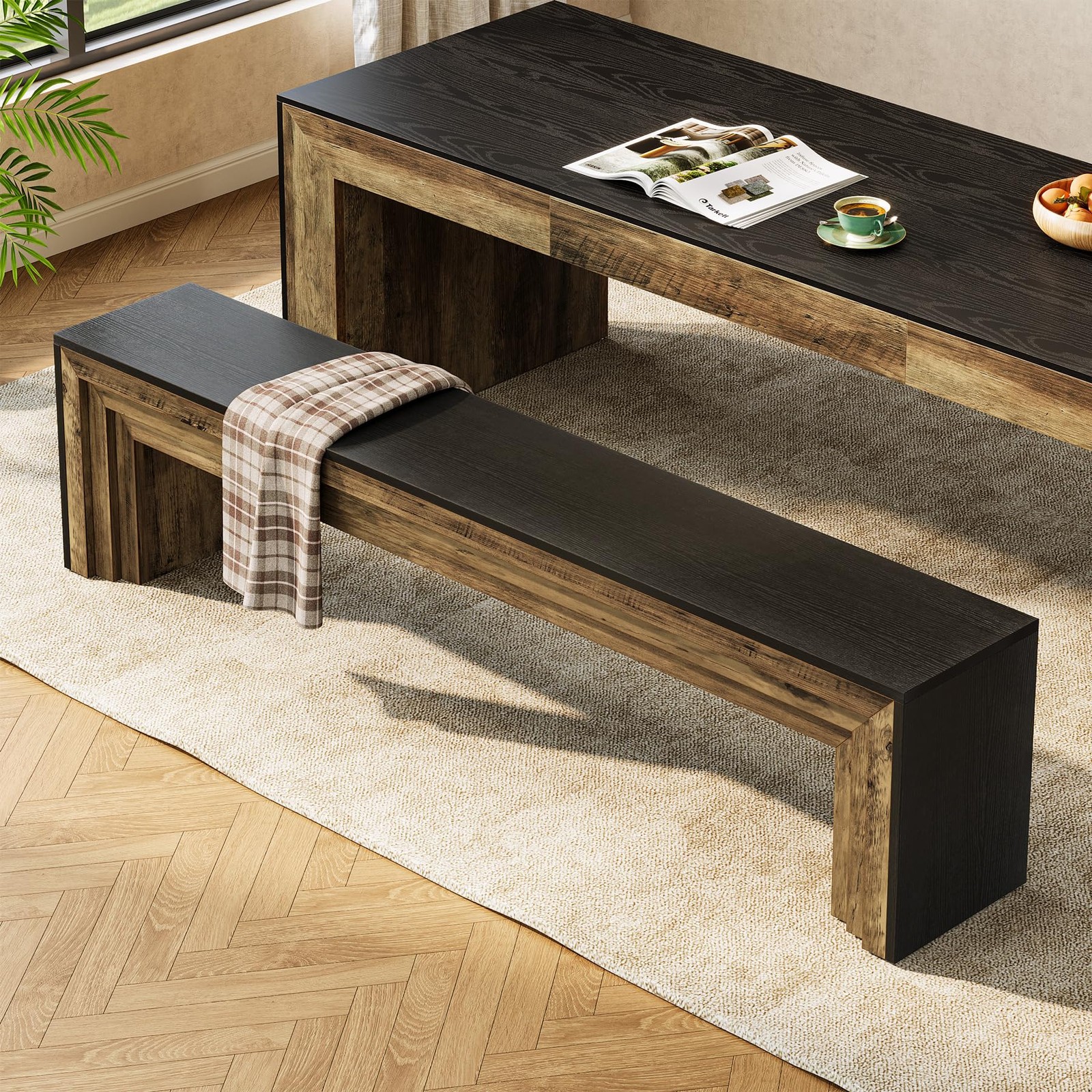 70.9-Inch Extra Long Dining Bench Farmhouse Wooden Kitchen Bench Black Brown
