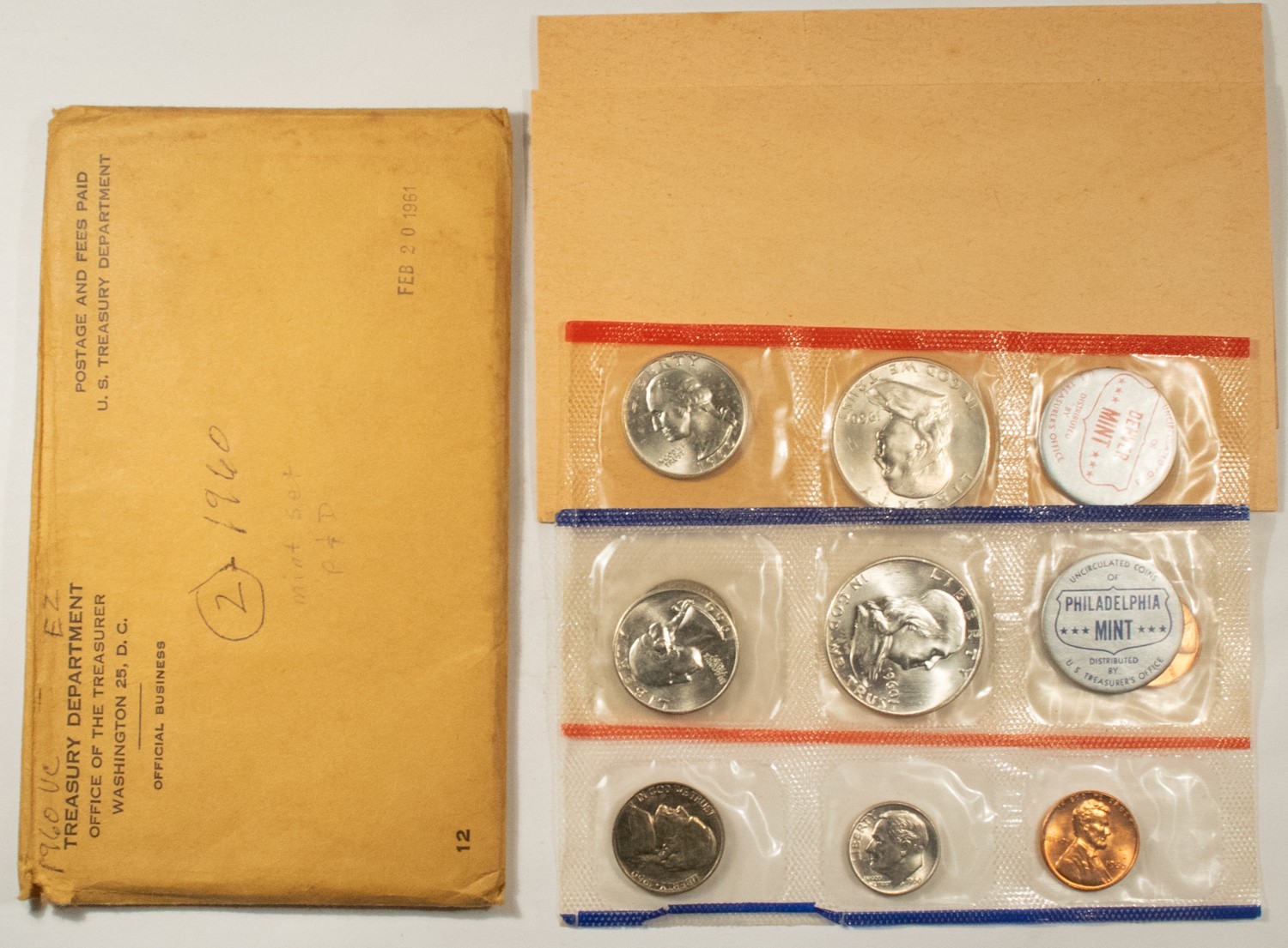 1960 US Mint Set, P & D Mints, Silver, Original Cello & Envelope, 10 Coin, C8593