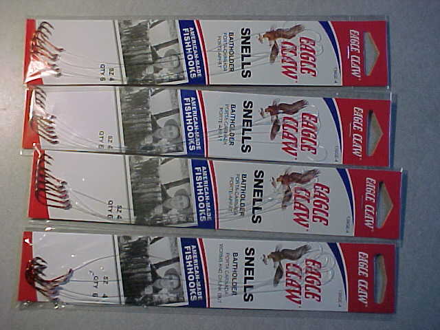 24 NEW SNELLED HOOKS SIZE 4 RED  EAGLE CLAW 4 PKS OF 6  snells  BAITHOLDER 139