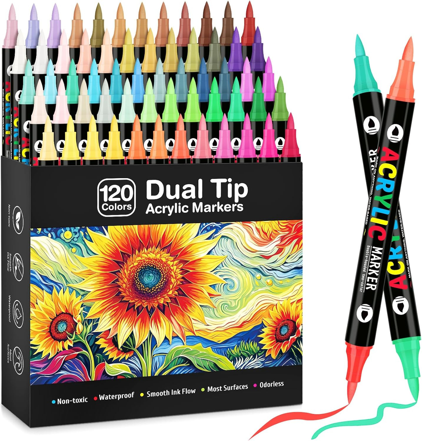 TooyBing 120 Colors Acrylic Paint Markers, Dual-Color Acrylic Paint Pens with 60
