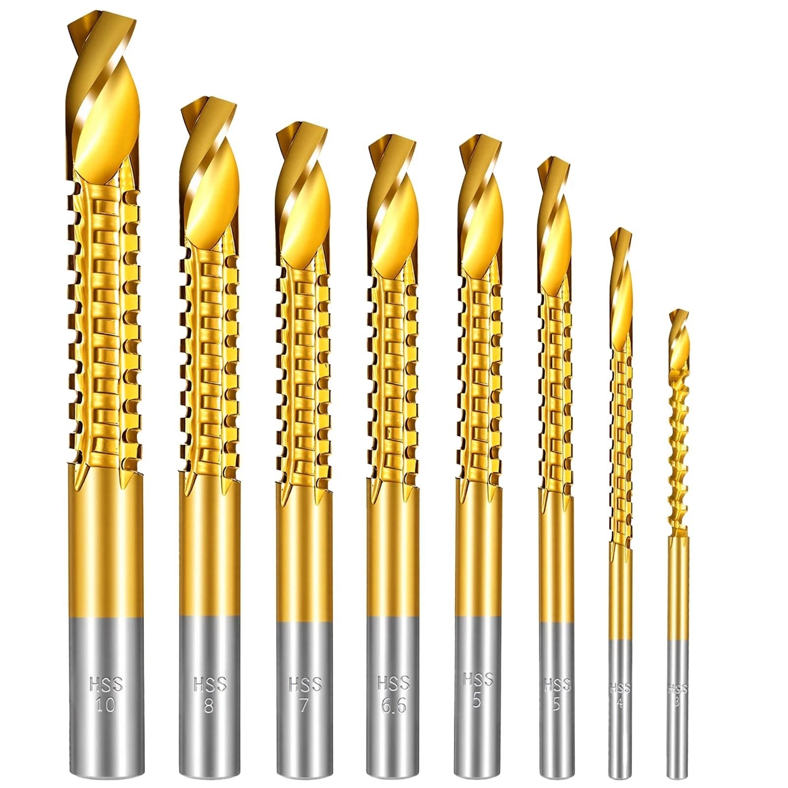 8 Pack Titanium Coated HSS  Drill Bits, 3-10Mm Serrated Side Cutting Drill G3H9