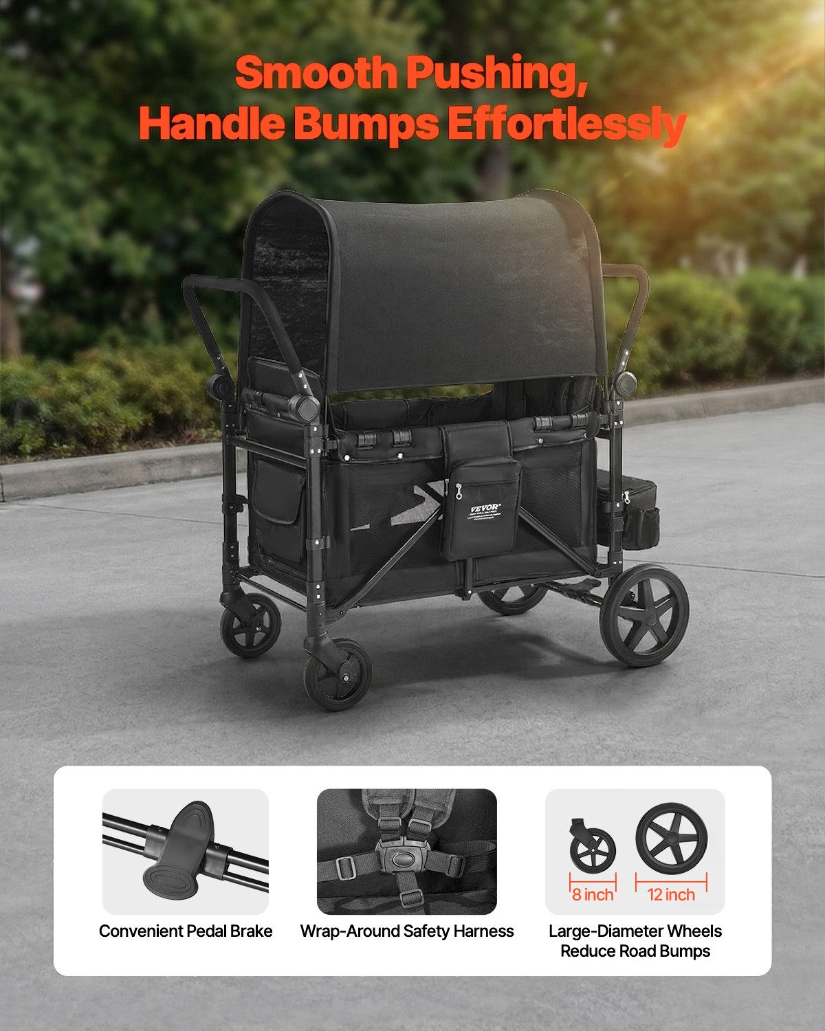 VEVOR Wagon Stroller 4 Kids Push Pull Quad Collapsible Stroller 330LBS Loading