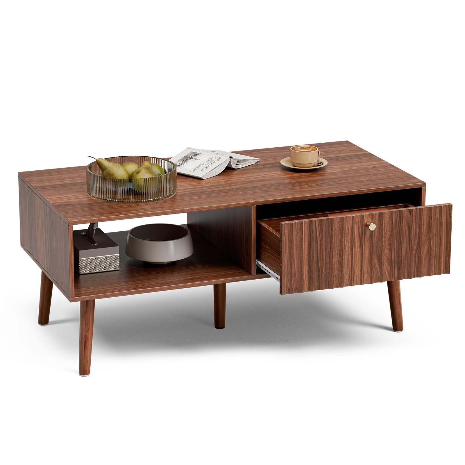 Coffee Table with Fluted Drawer, Mid-Century, Walnut