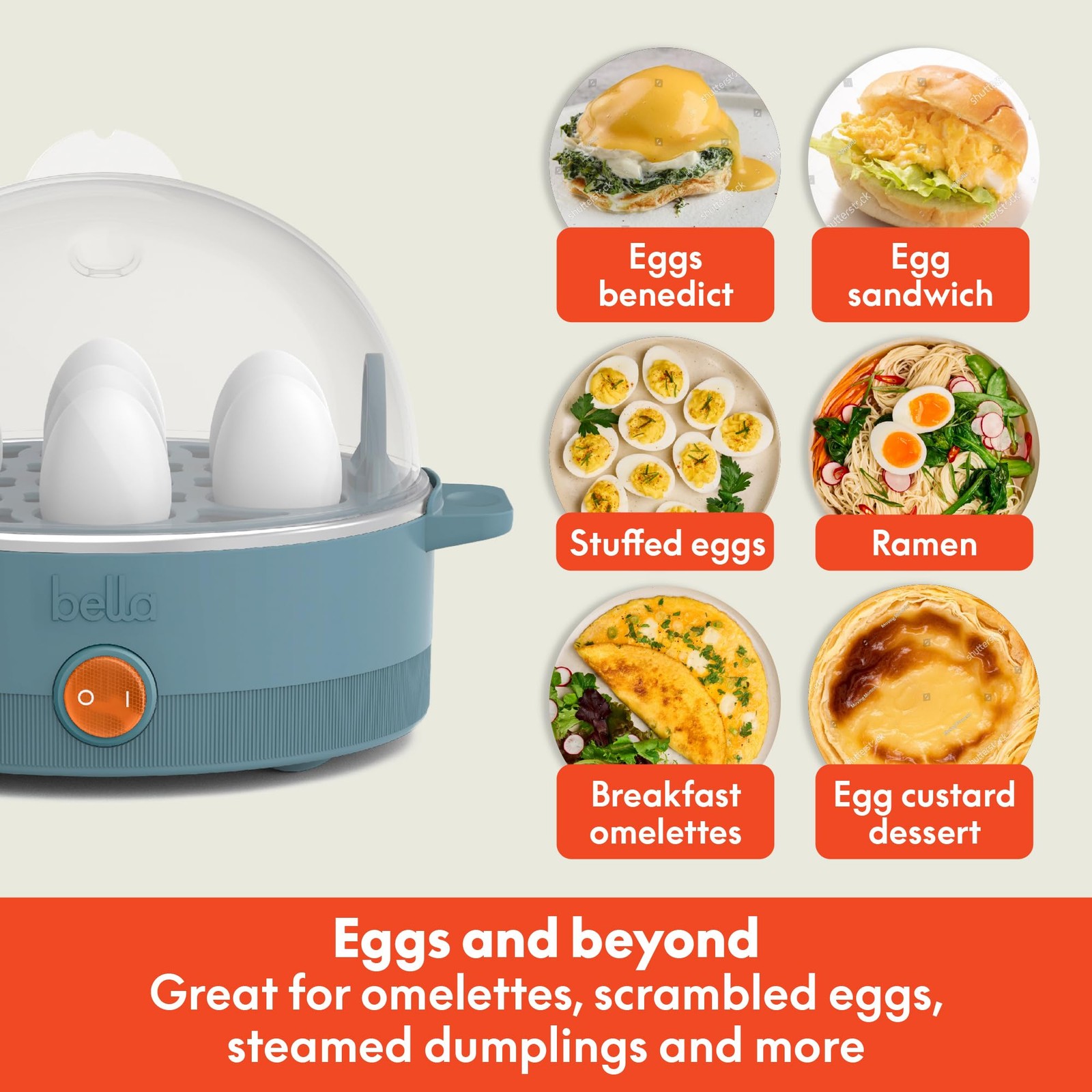 bella Electric Egg Cooker, 7 Eggs Capacity Tray, Single Stack, 7 Eggs, Surf