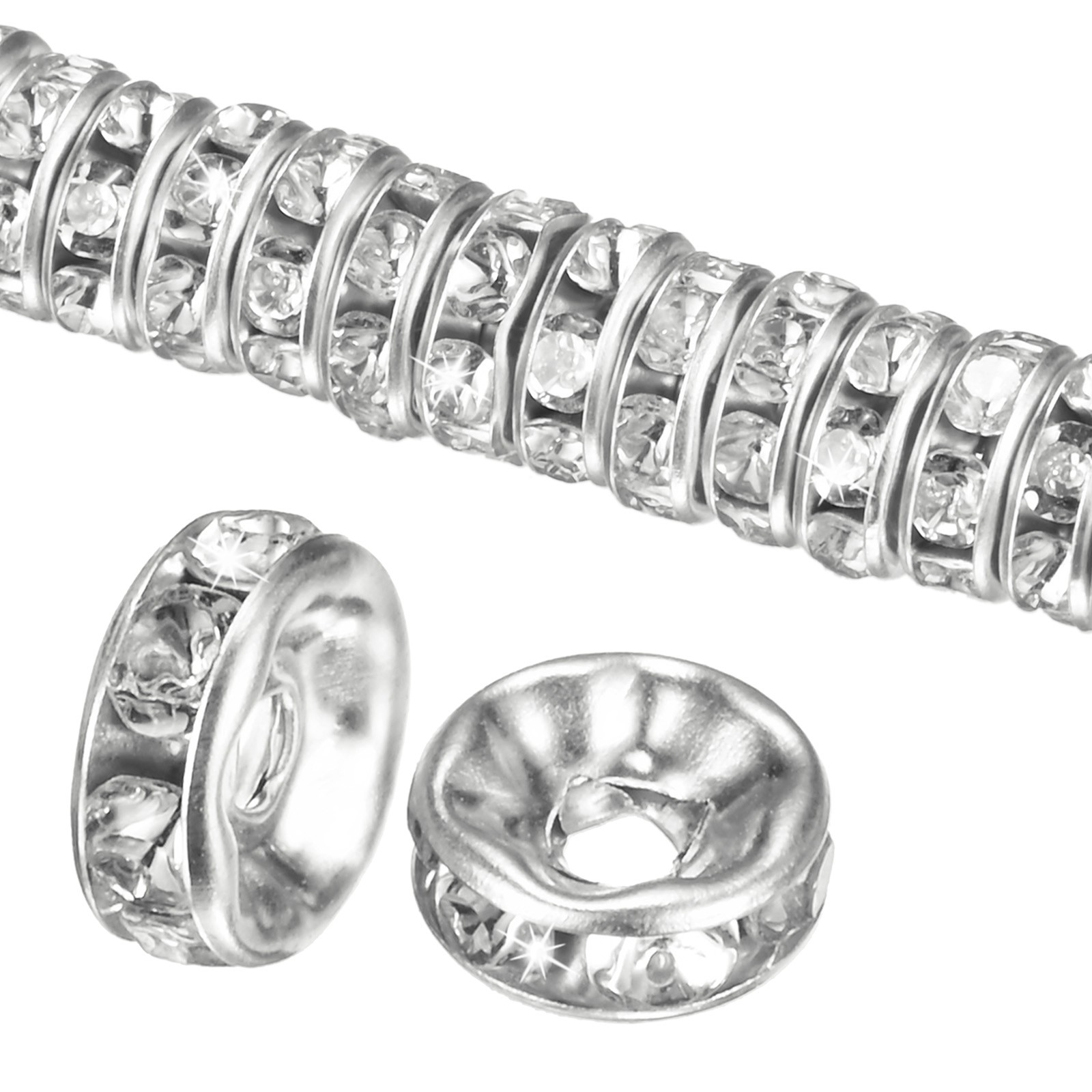 200-Pack Rondelle Spacer Beads, 8mm Czech Rhinestone Loose Beads [Silver Tone]