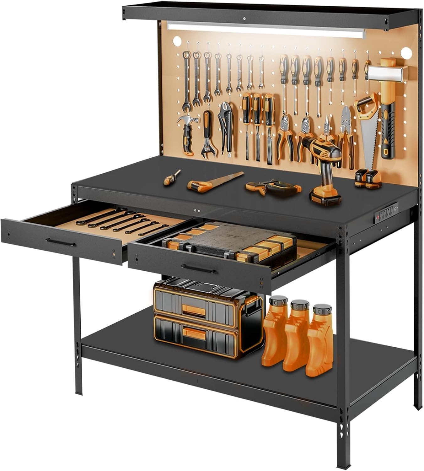 Organized Garage Workbench with Pegboard, 2 Drawers & USB Charging Ports