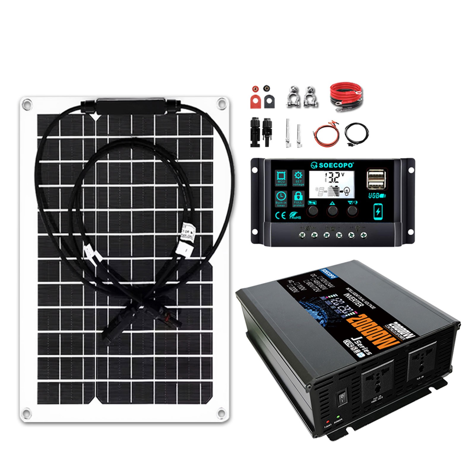 20000W Peak Solar System Kit Flexible Panel DC 12V/24V To AC 110V/220V Inverter
