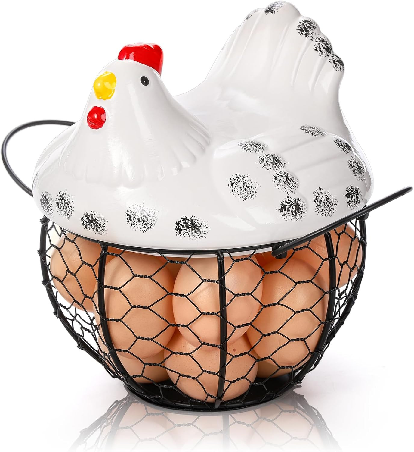 Chicken Egg Basket, Black Wire Egg Collection Baskes with Ceramic Lid for Gat...