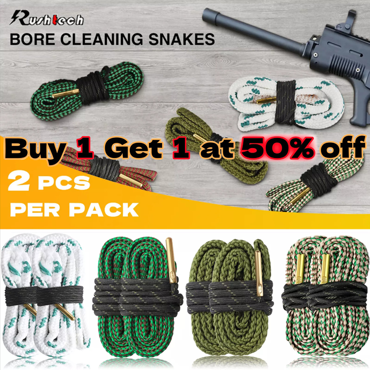 2Pcs Bore Rope Gun Snake Barrel Cleaners .22 thru .45 12 20 Rifle Shotgun Pistol