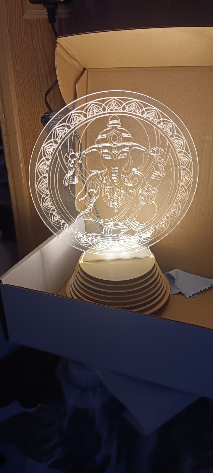 GANESHA- Acrylic LED Light With Wood Base