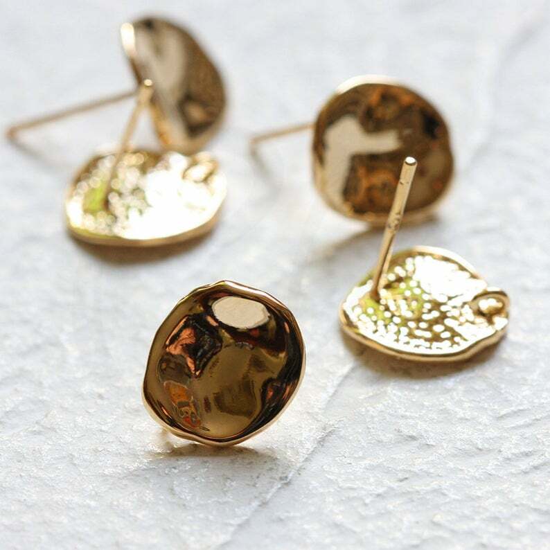 2 Pieces Gold Plated Brass Earring Post - Hammered Irregular 12x10mm (4403C)