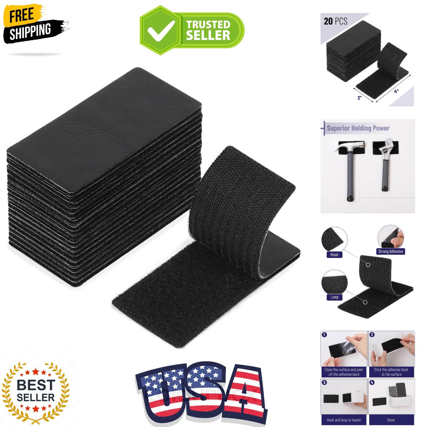 Bates 2' x 4' Heavy Duty Hook & Loop Tape, 20 pcs with Double Sided Adhesive