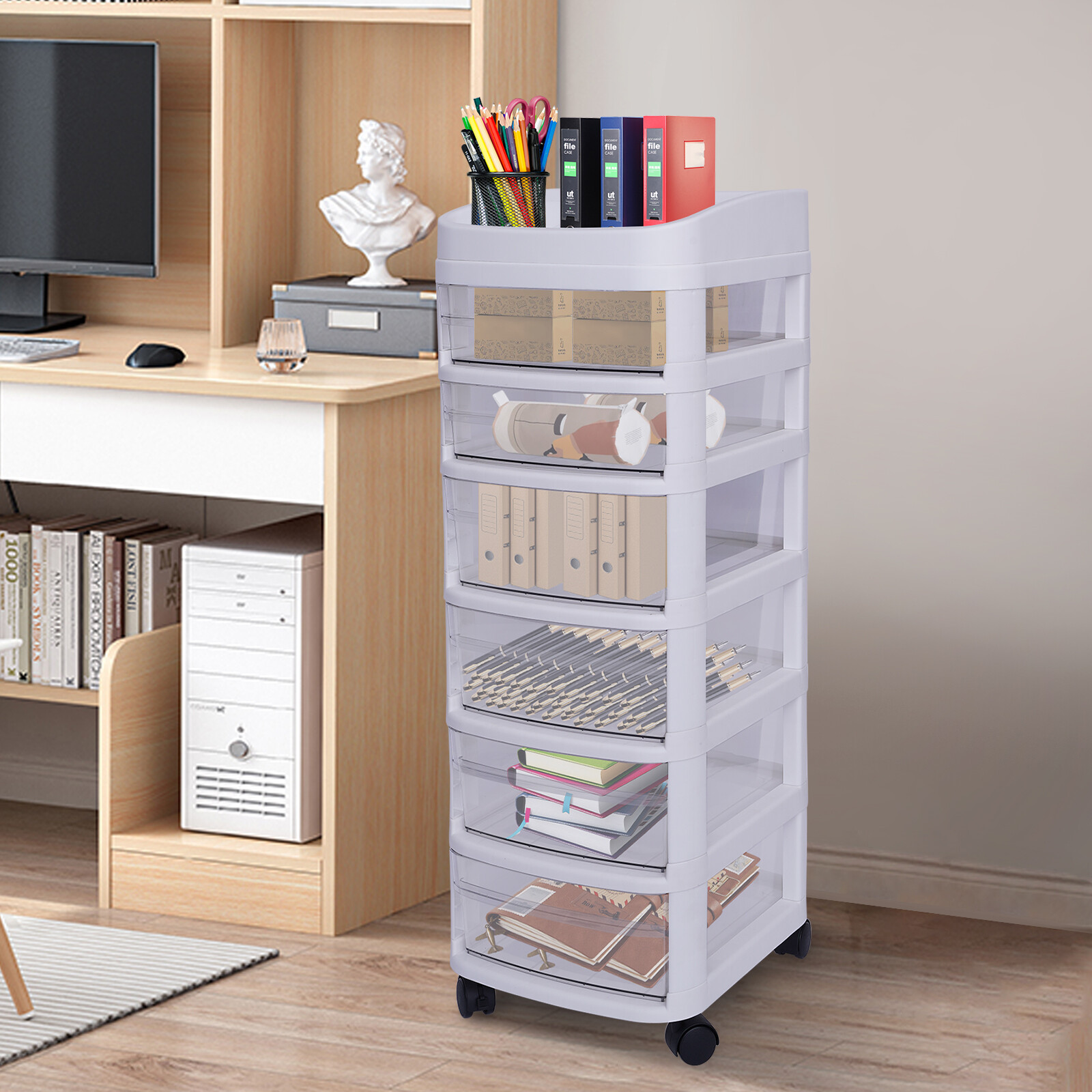 6-Drawer Organizer Plastic Rolling Storage Cart Whit Trolley Cabinet w/ Wheel]