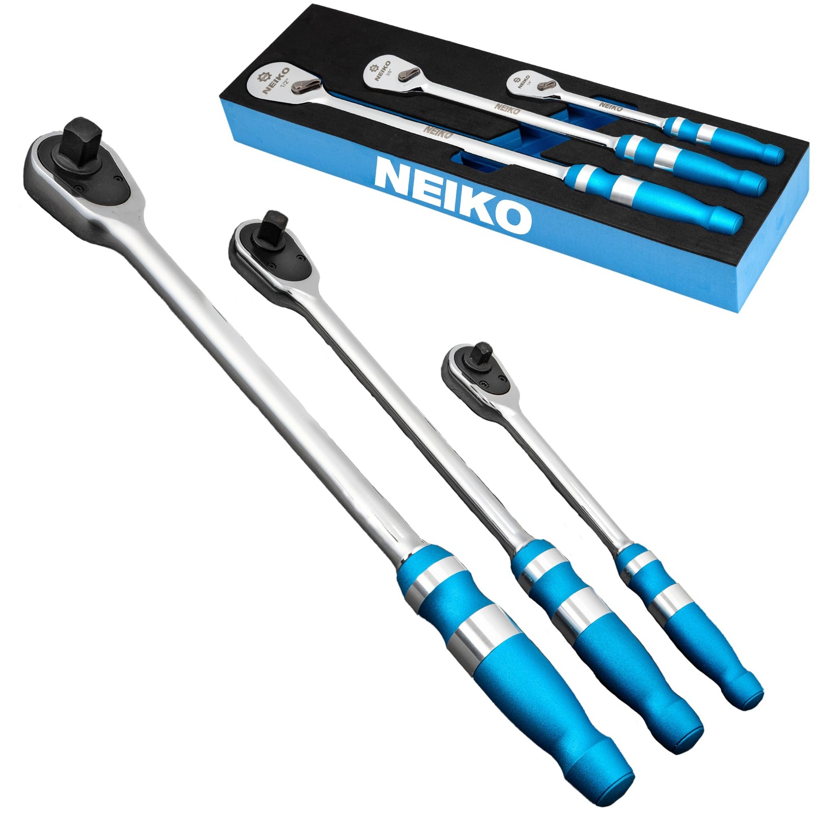 NEIKO 03006A Flat Head Ratchet Set  3 Piece Low Profile 1/4, 3/8, 1/2 Inch Dr...