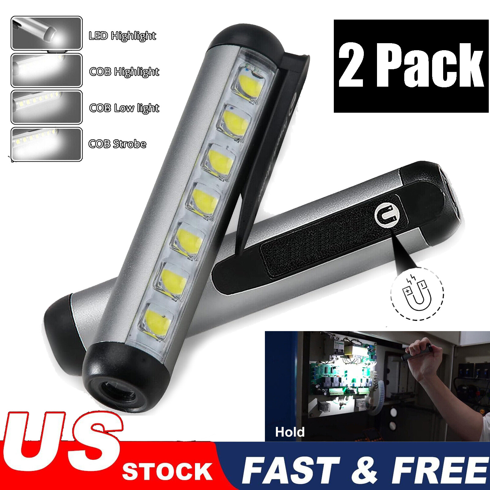 2 Pack CPE COB LED Flashlight Work Light Magnetic Super Bright Torch Penlight