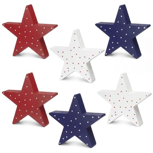6 Pcs 4th of July Decorations Woodens Rustic Red White Blue Tiered Tray Star